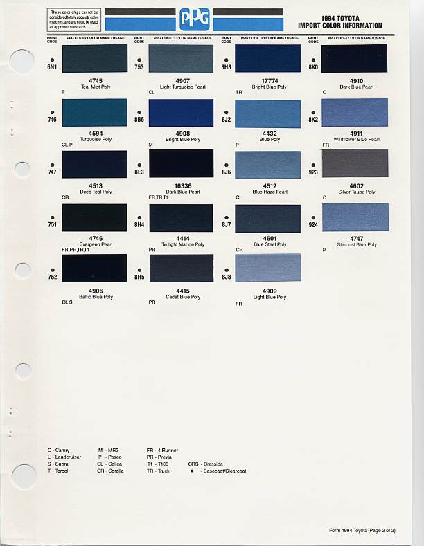 Таблица цветов Toyota (Toyota Color Chart) .